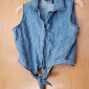 Denim tie crop top shirt